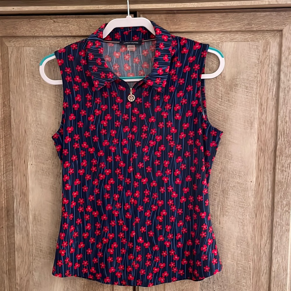 Tommy Hilfiger small sleeveless floral poly spandex top gold logo zipper pull